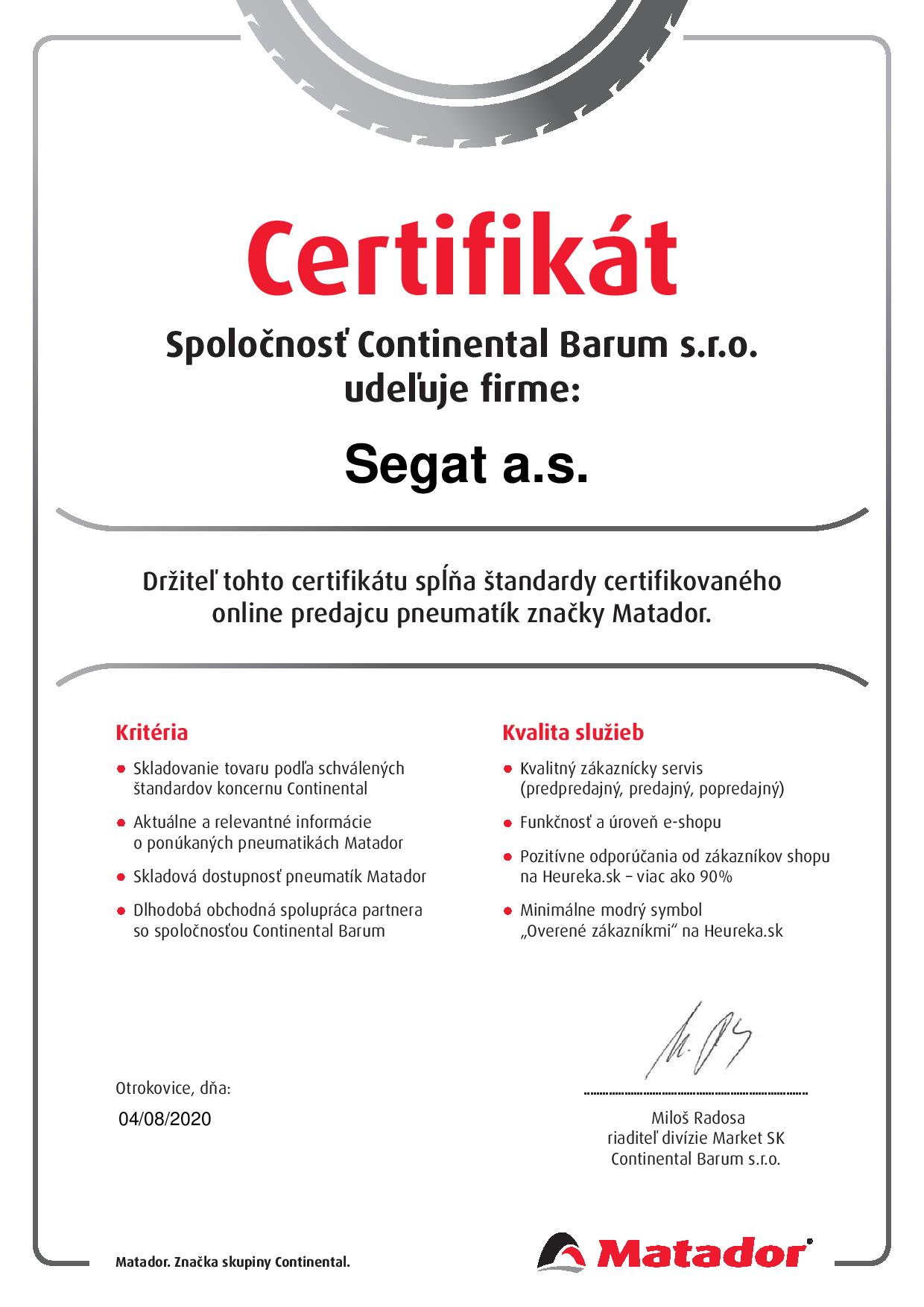 Certifikovaný predajca Matador